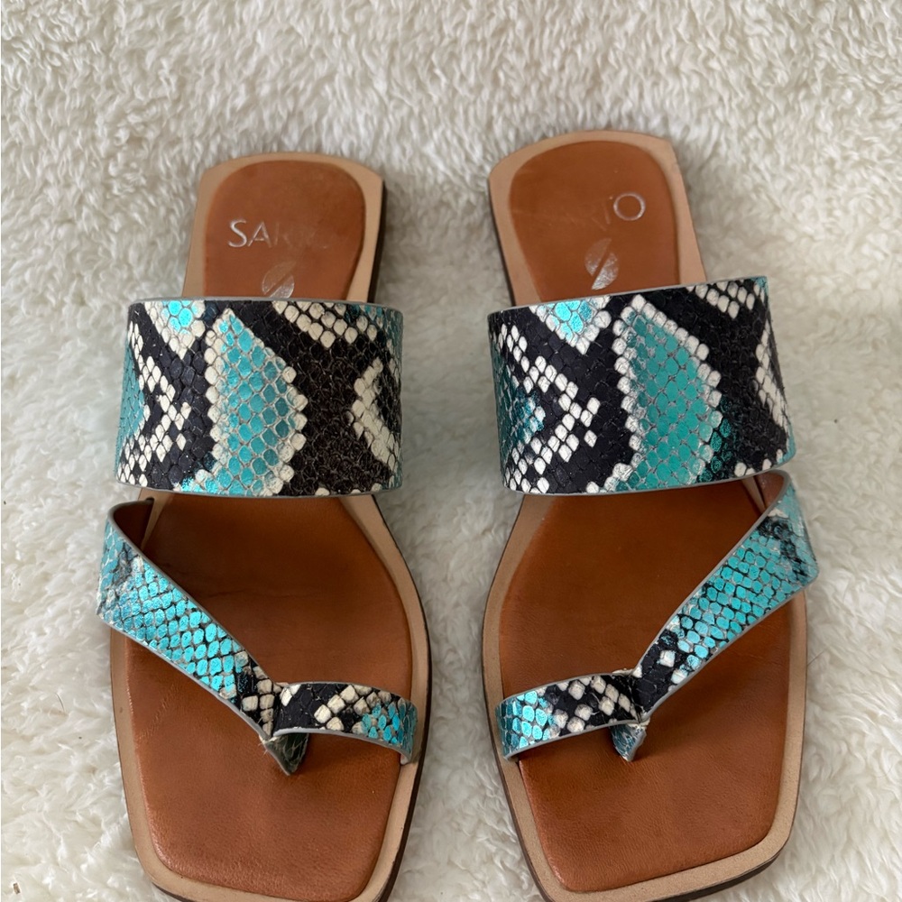 Franco Sarto Turquoise and Black Snake Print Sandals - Picture 2 of 8